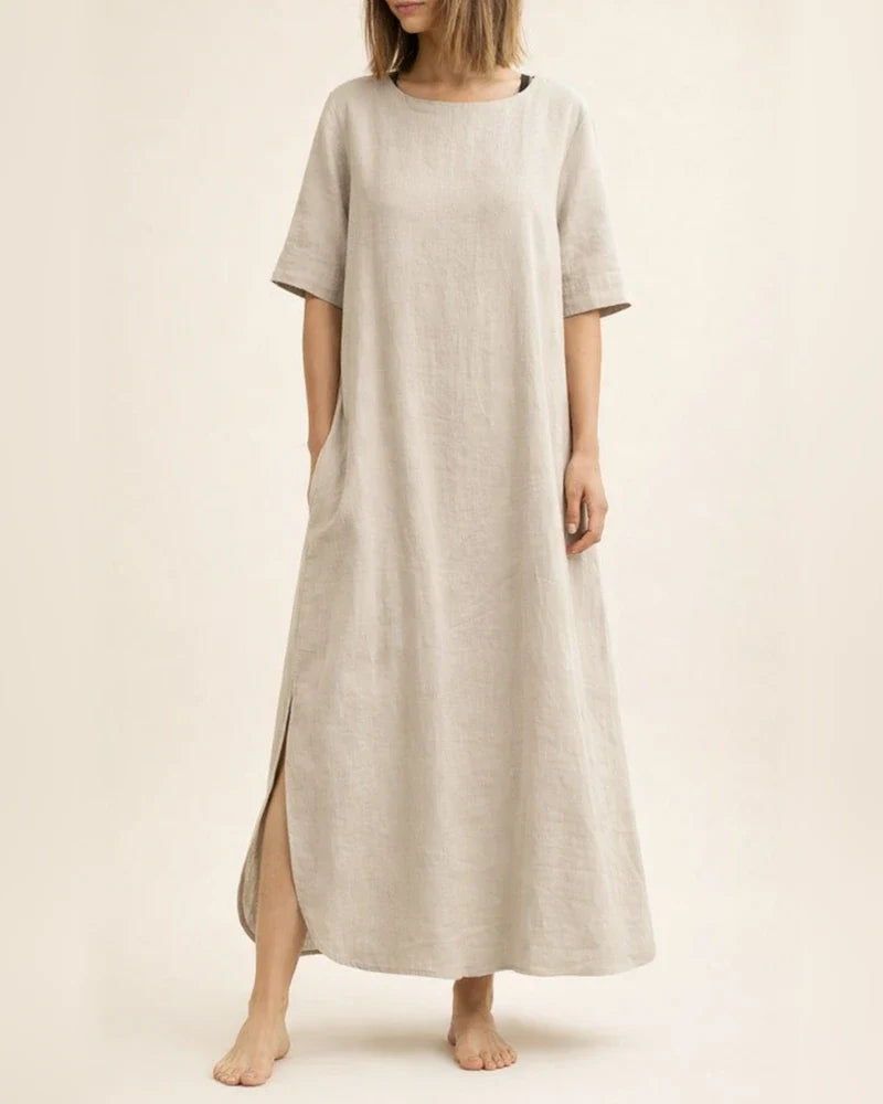 Elegant Wind Cotton Linen Solid Color Round Neck Summer Irregular Dresses | JRSEE:c86ec56c-d596-4a18-9a3a-3d692fca3d87