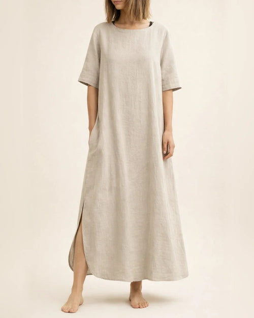 Elegant Wind Cotton Linen Solid Color Round Neck Summer Irregular Dresses | JRSEE:c86ec56c-d596-4a18-9a3a-3d692fca3d87