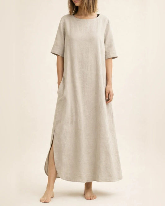 Elegant Wind Cotton Linen Solid Color Round Neck Summer Irregular Dresses | JRSEE:c86ec56c-d596-4a18-9a3a-3d692fca3d87