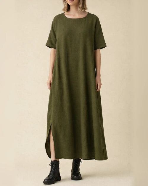 Elegant Wind Cotton Linen Solid Color Round Neck Summer Irregular Dresses | JRSEE:21aa7398-f981-4416-a328-6a6a240728c9