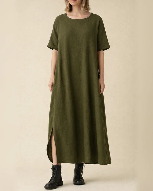 Elegant Wind Cotton Linen Solid Color Round Neck Summer Irregular Dresses | JRSEE:21aa7398-f981-4416-a328-6a6a240728c9