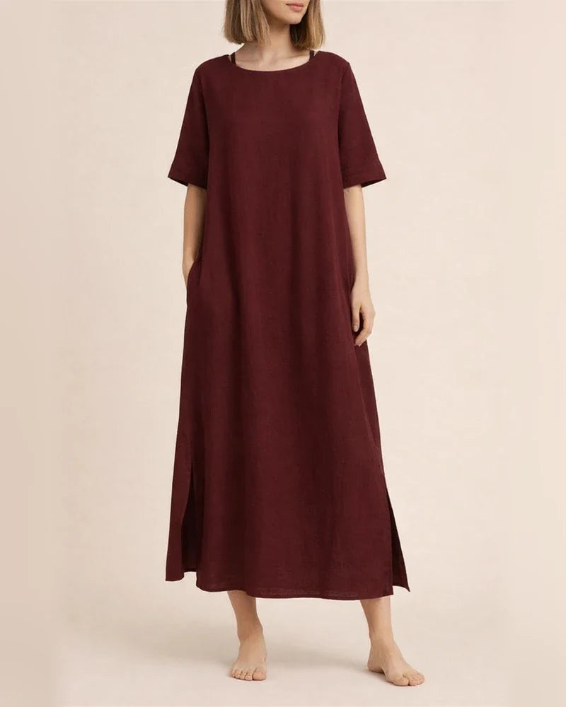 Elegant Wind Cotton Linen Solid Color Round Neck Summer Irregular Dresses | JRSEE:543dc3ef-6cee-4f15-9b5c-3ddcf933366e