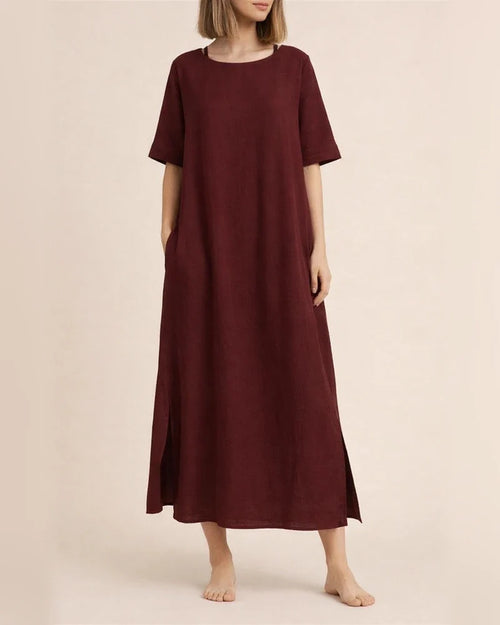Elegant Wind Cotton Linen Solid Color Round Neck Summer Irregular Dresses | JRSEE:543dc3ef-6cee-4f15-9b5c-3ddcf933366e