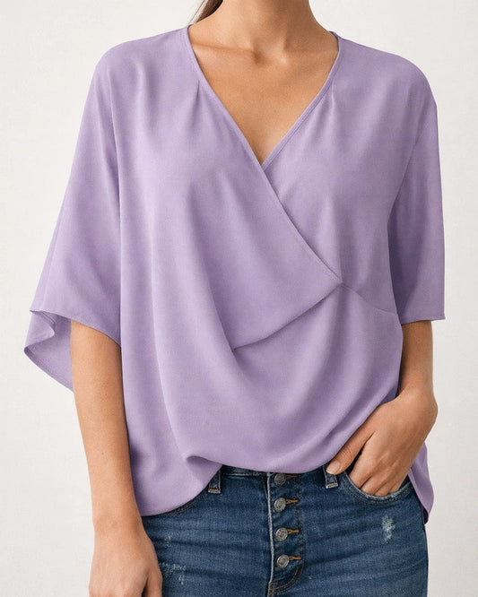 Europe and The United States Chiffon Solid Color Shirt Loose V-neck Flared Sleeves Casual Shirt T-shirt Women | JRSEE:e6d4ef4d-6883-446b-a8c2-697465edc51c