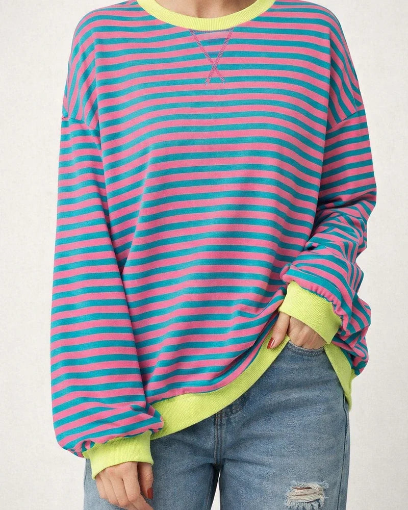 Europe and The United States Women's New Fall and Winter Colorful Stripes Round Neck Loose Sweatshirt Sweater | JRSEE:ddfd92a7-89e1-4c75-baa1-b661a2edd583
