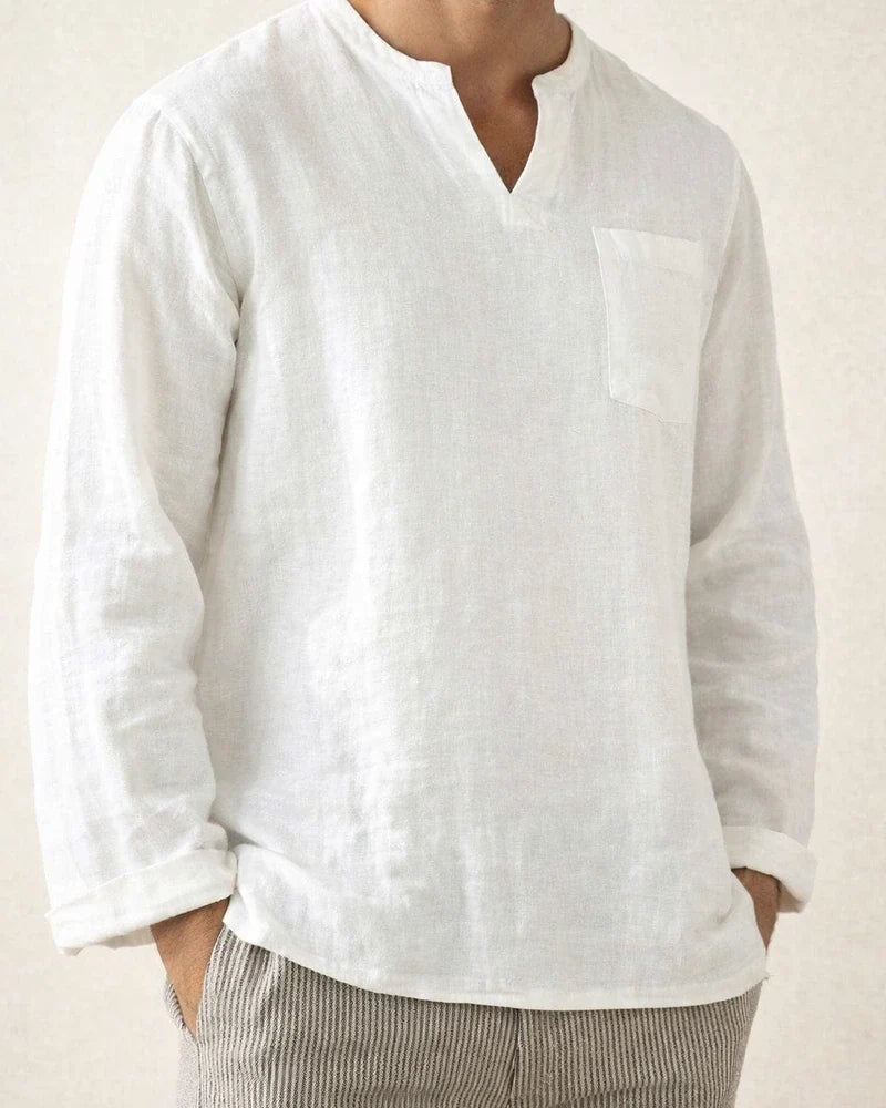 Explosion Men's Long-sleeved V-neck Casual Beach Linen Shirt Stand-up Collar Shirt Solid Color Shirt | JRSEE:ee2543cd-4eee-4f15-b409-69297cdfd67d