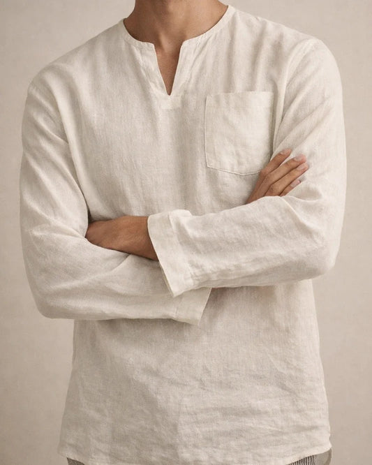 Explosion Men's Long-sleeved V-neck Casual Beach Linen Shirt Stand-up Collar Shirt Solid Color Shirt | JRSEE:8750a48c-8a5f-48fe-b510-5ab7b36ec8ae