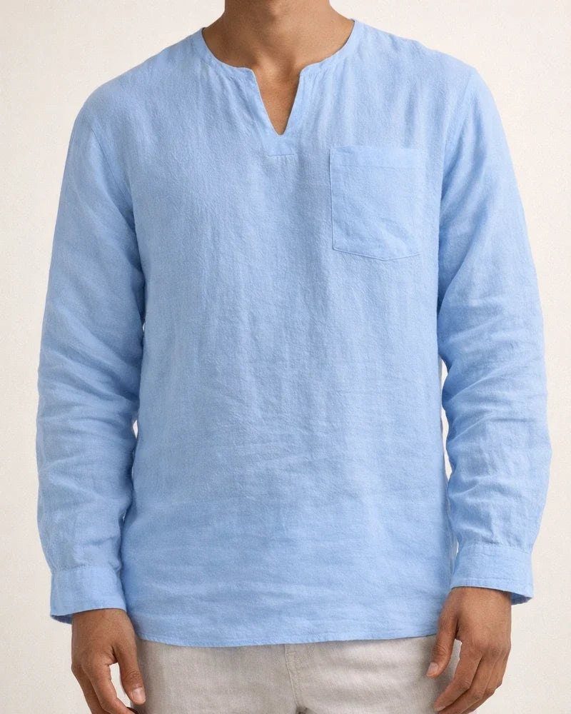 Explosion Men's Long-sleeved V-neck Casual Beach Linen Shirt Stand-up Collar Shirt Solid Color Shirt | JRSEE:3d956e6e-ed74-4cd5-a2e6-3d376e6c6392