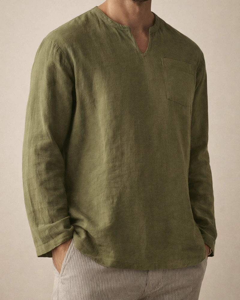 Explosion Men's Long-sleeved V-neck Casual Beach Linen Shirt Stand-up Collar Shirt Solid Color Shirt | JRSEE:5ee8de7a-58f8-44dc-adb0-159946fb97fd