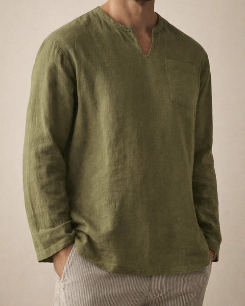 Explosion Men's Long-sleeved V-neck Casual Beach Linen Shirt Stand-up Collar Shirt Solid Color Shirt | JRSEE:5ee8de7a-58f8-44dc-adb0-159946fb97fd