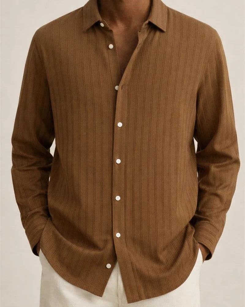 Explosive Four Seasons Long-sleeved Lapel Loose Type Buttons Cotton Linen Striped Cardigan Shirt Men's Clothing | JRSEE:4303ad0a-ed87-4c6c-8fb2-511d870d9dc4