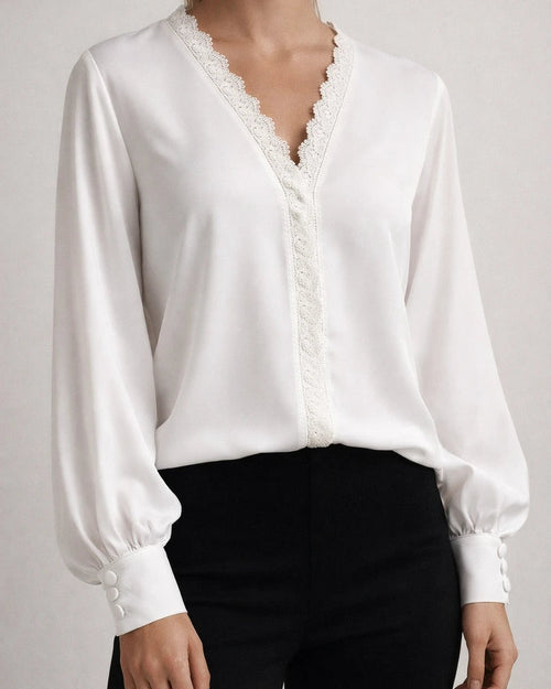 Explosive Women's V-neck Long-sleeved Printed Lace Lace Cardigan Splicing Straight Type Temperament Commuter Urban Style Shirt | JRSEE:83cd92dc-063b-43a2-b04f-a9083eb65262