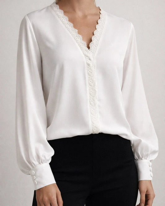Explosive Women's V-neck Long-sleeved Printed Lace Lace Cardigan Splicing Straight Type Temperament Commuter Urban Style Shirt | JRSEE:83cd92dc-063b-43a2-b04f-a9083eb65262