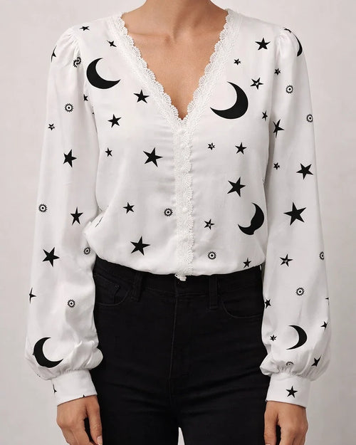 Explosive Women's V-neck Long-sleeved Printed Lace Lace Cardigan Splicing Straight Type Temperament Commuter Urban Style Shirt | JRSEE:8107caae-3824-4d62-9fa3-01b2581c70ae