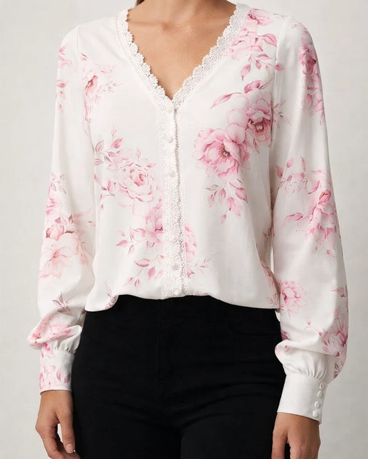 Explosive Women's V-neck Long-sleeved Printed Lace Lace Cardigan Splicing Straight Type Temperament Commuter Urban Style Shirt | JRSEE:ec6a01db-0ae0-45f9-bc3e-47786fac3148