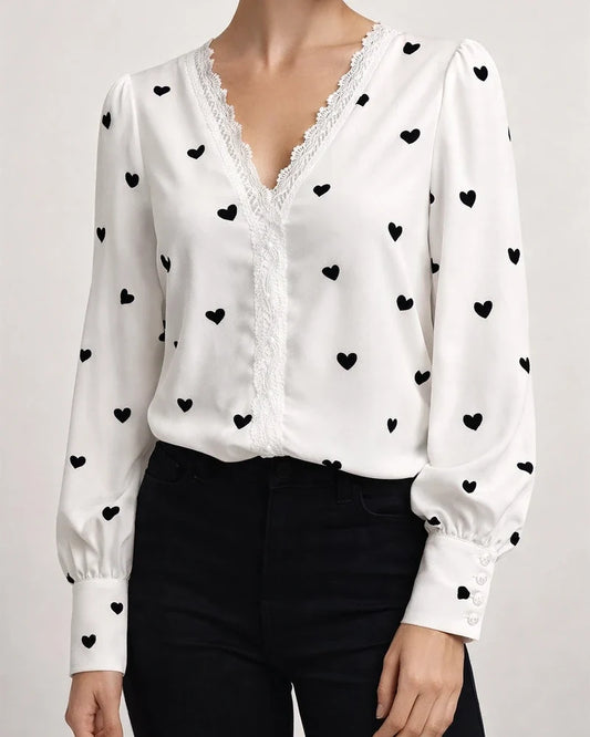 Explosive Women's V-neck Long-sleeved Printed Lace Lace Cardigan Splicing Straight Type Temperament Commuter Urban Style Shirt | JRSEE:737a999a-25dd-4406-9674-5c966a9520bf