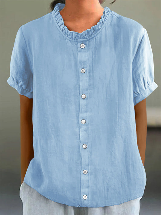 New Summer Style Stand-Up Collar Short-Sleeve Solid Color Shirt with Floral Button Accents