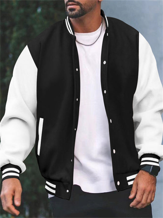 Men's Baseball Jacket Trend Solid Color Collision Color Sweater Casual Versatile Men's Loose Stand-up Collar Coat Teenage Cardigan