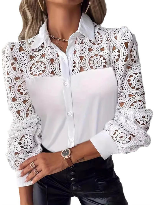 Women's Spring and Summer New Hollow V-neck White Lace Shirt