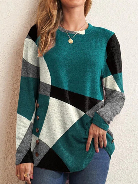 Women's Geometric Color-Block Long-Sleeve Printed Relaxed Button-Up T-Shirt