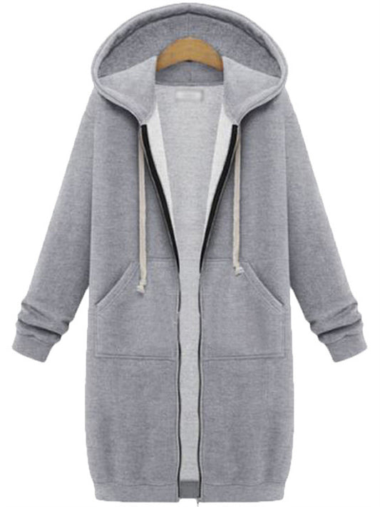 Women's Hooded Long-sleeved Medium-length Zipper Padded Sweater Solid Color Coat Plus Size S-5XL
