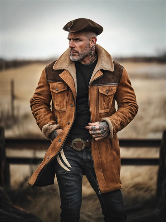 New Winter Men's Retro Suede Splicing Lapel Jacket Coat