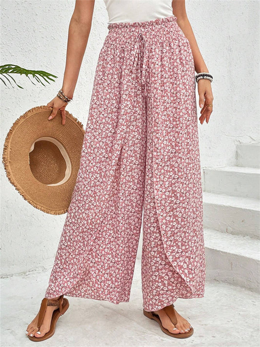 Women's Summer New Arrival Fashionable Floral Print Side-Slit Wide-Leg Cropped Pants