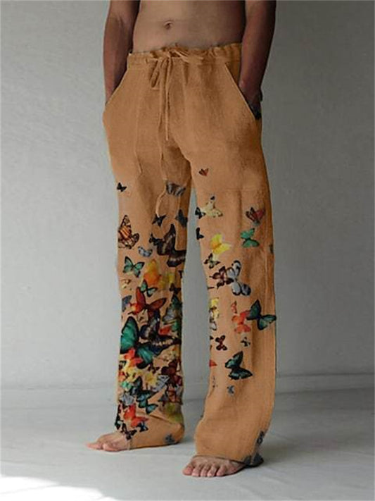 Men's Trousers Summer Pants Beach Pants Drawstring Straight Leg Print Butterfly Breathable Soft Casual Daily Hawaiian Fashion Streetwear White Blue