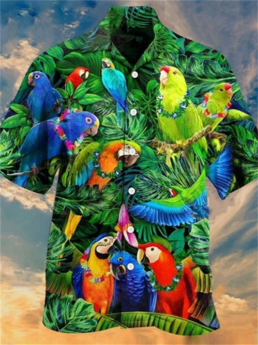 Men's Shirt Parrot Hawaiian Graphic Shirt Animal Turndown Sea Blue Green Blue Purple Red Outdoor Street Short Sleeve Button-Down Clothing Apparel Fashion Designer Casual Breathable