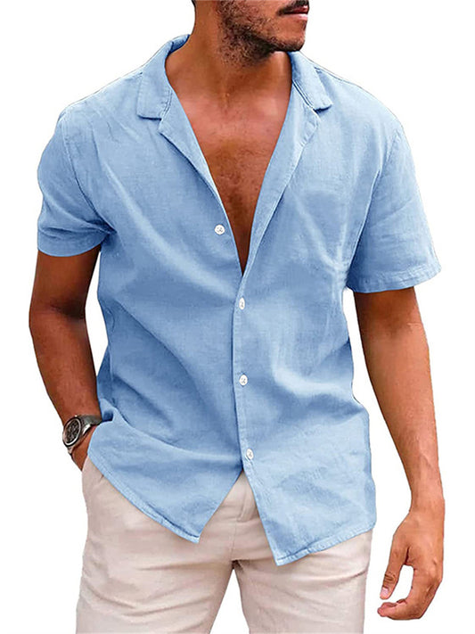 Linen Large Size Men's Short-sleeved T-shirt Loose Sweatshirt Solid Color Button Cardigan Cotton Linen Shirt Men