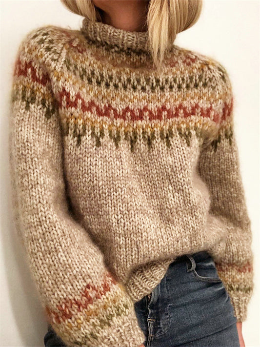 Women's Winter Sweater - Half-High Neck Straight-Cut Printed Unisex Sweater