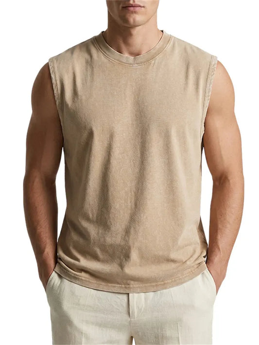 Men's 230g Cotton Washed and Distressed Round-Neck Sleeveless T-Shirt (American-Style Tank Top)