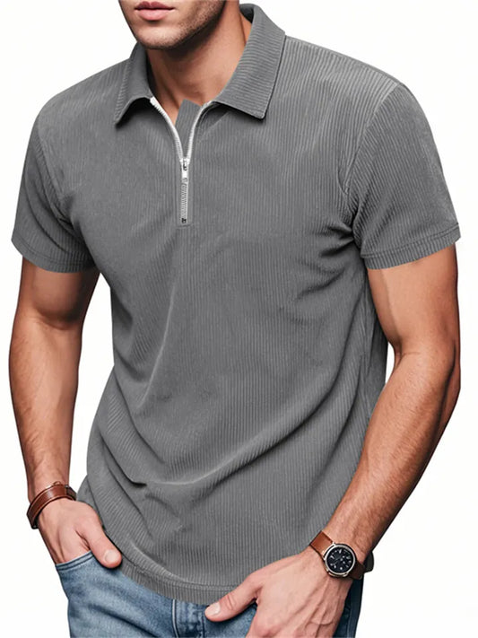 American-Style Men's Summer Loose-Fit Corduroy Half-Zip Lapel Collar Short-Sleeve T-Shirt