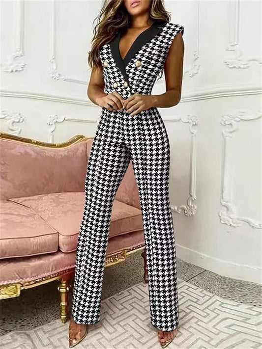 Women's Jumpsuit Button Houndstooth V Neck Business Office Work Regular Fit Sleeveless White Blue Khaki S M L Spring