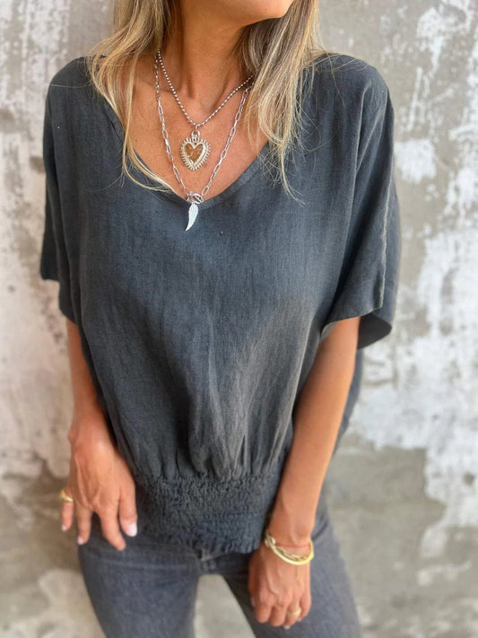 Women's Summer New Loose T-shirt V-neck Casual Cotton and Linen Solid Color Tops