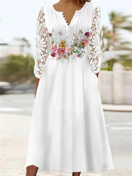 Women's Casual Dress Print Dress Loose Dress Floral Lace Ruched V Neck Midi Dress Active Fashion Outdoor Daily Long Sleeve Loose Fit White Dress Summer Spring S M L XL XXL