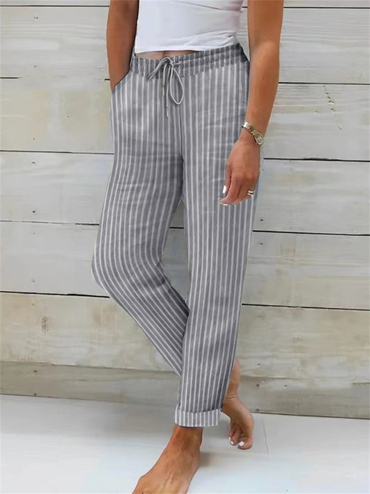 Women's Casual New Style Striped Solid Color Cotton-Linen Loose-Fit Full-Length Pants