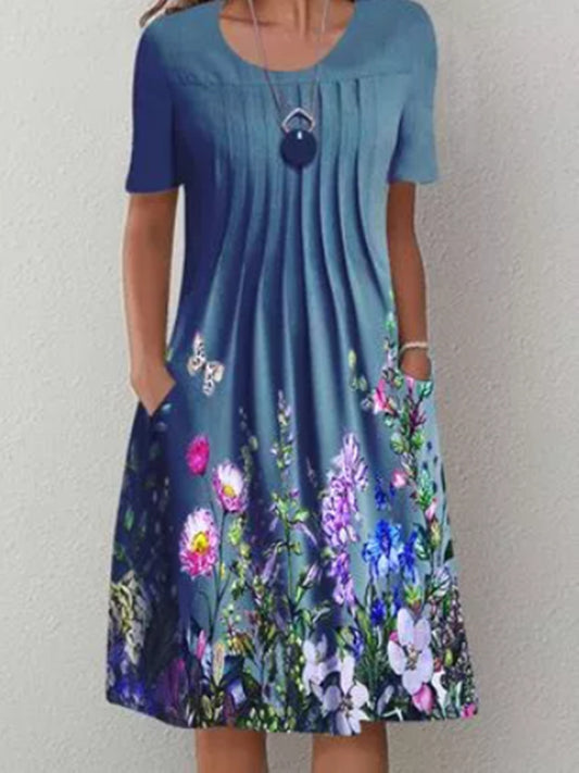 Casual Flower Round Neck Pleated Dress