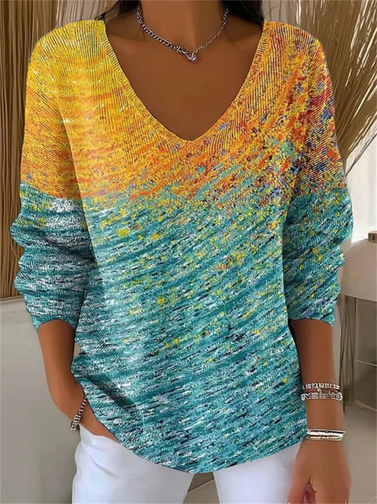 New Drop-Shoulder V-Neck Long-Sleeve Pullover 3D Printed Women's Top Fashion T-shirt