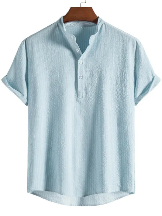 New Men's Stand-up Collar Striped Short-sleeved Shirt Loose Large Size Shirt