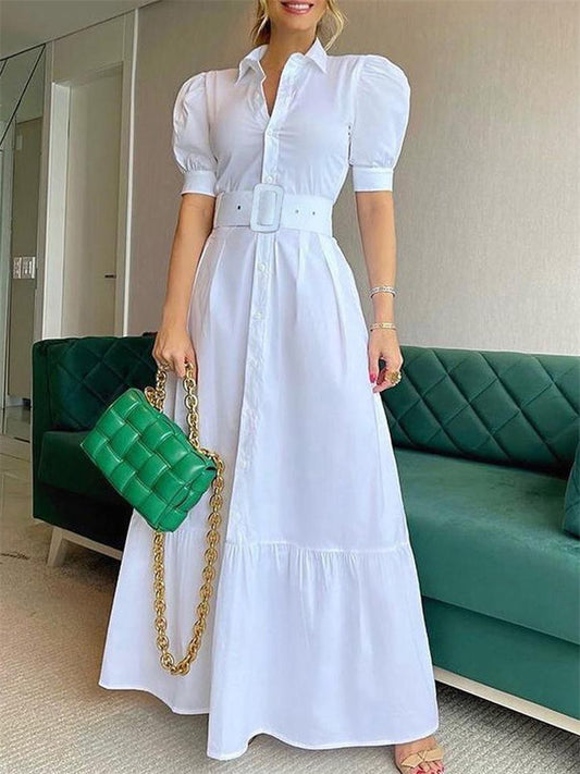 Temperament Commuter Long Short-sleeved Hem Dress with Belt