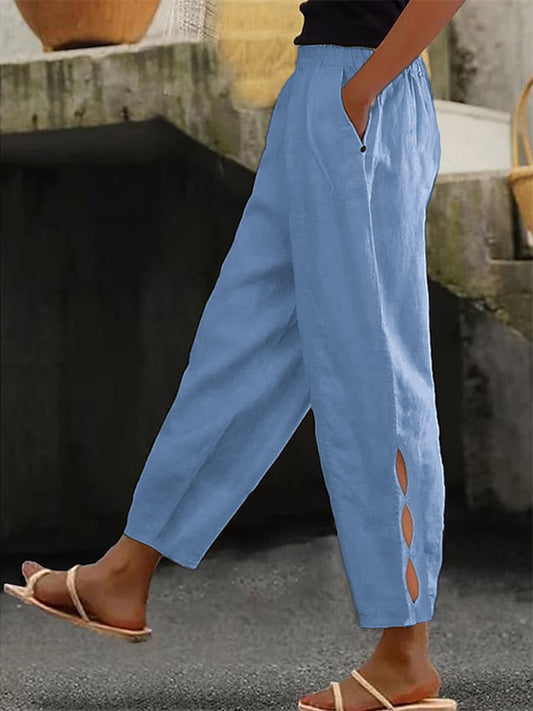 New Women's Pants Cotton Linen Solid Color Casual Side Pockets Leg Hollow Button Pants