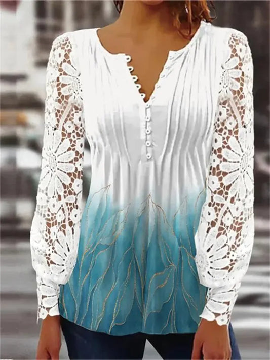 Women's Shirt Blouse Pink Blue Purple Floral Butterfly Lace Button Long Sleeve Casual Holiday Basic Round Neck Regular Floral Butterfly S