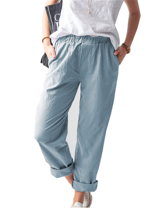 New Women's Cotton and Linen Pants Solid Color Casual Elastic High Waist Straight Pants