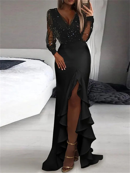 Women's Party Dress Swing Dress Long Dress Maxi Dress Black Long Sleeve Pure Color Split Winter Fall Spring V Neck Hot Winter Dress Date Vacation Slim 2022 S M L XL