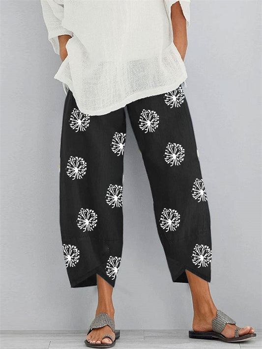 Summer Women's Fashionable Loose-Fit Dandelion Print 7/8-Length Plus Size Casual Pants