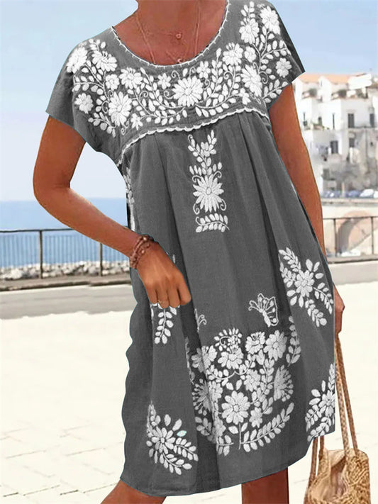 Women's Spring and Summer New Ethnic Style Literary Retro Round Neck with Shoulder Short-sleeved Dresses Women's Floral A-line Dress