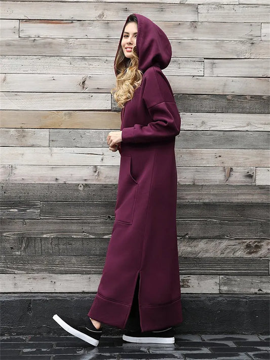 Autumn and Winter New Loose Big Yards Knitted Hooded Long Dress Padded Sweater Casual Fashion Dress Big Pockets Skirt