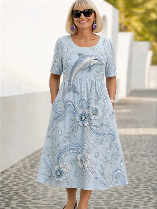 New Summer Women's Loose-Fit Round-Neck Short-Sleeve Ocean 3D Print Dress