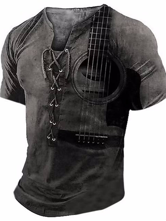Men's Henley Shirt Tee Graphic Guitar Henley Clothing Apparel 3D Print Daily Sports Short Sleeve Lace up Print Fashion Casual Comfort